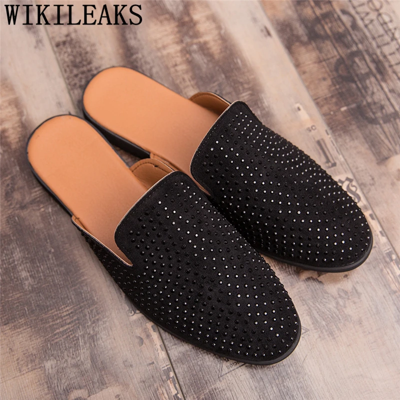 Mules Suede Shoes Men Black Half For Rhinestone Mens Casual Hot Sale Sepatu Slip On Pria Heren Schoenen | Обувь