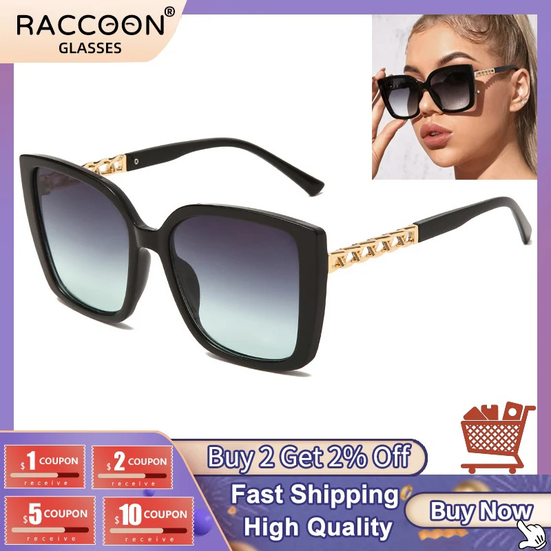

2022 Latest Cat Eye Square Frame Sunglasses Ladies Fashion Metal Chain Temple Eyewear Gradient Color Lens Sun Glasses Hot Uv400
