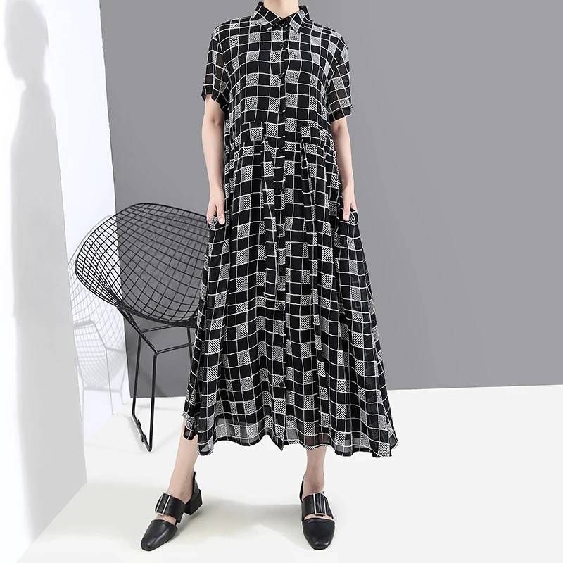 Новый 2020 Для женщин Летнее модное Черное длинное платье в клетку с поясом и