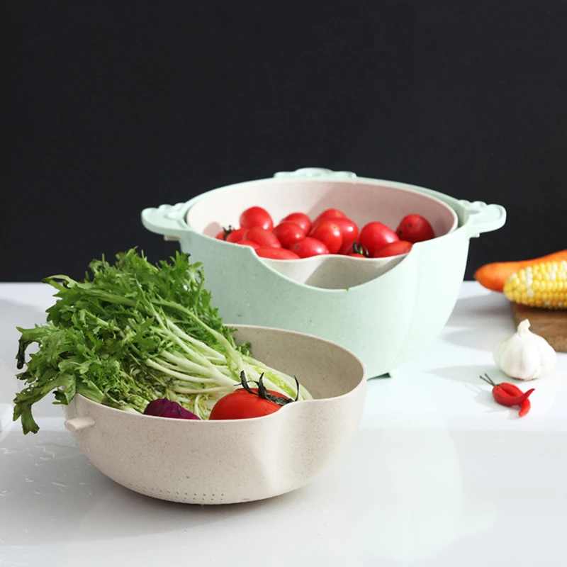 Creative Double Wash Melon Fruit Vegetable Basket 2020 New Kitchen Tool 360 Rotating Wheat Straw Drainer Washing Sieve | Дом и сад