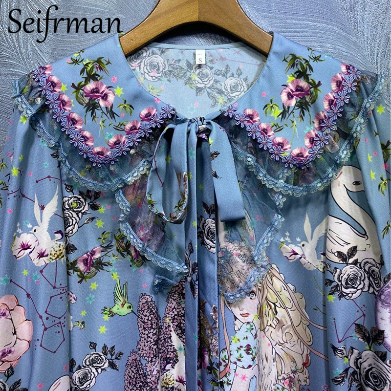 

Seifrmann New 2021 Women Summer Fashion RunwayMesh Shirt Long Sleeve Bow Lace Ruffles Floral Print Loose Ladies Tops Blouses
