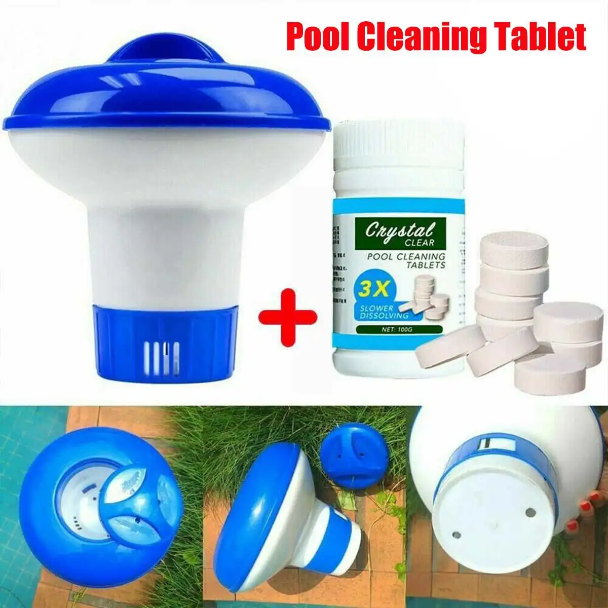 

100g Swimming Pool Cleaning Tablets with Dispencer Purify Water Disinfect Chlorine Pills Instant Effervescent Foaming Cleaners