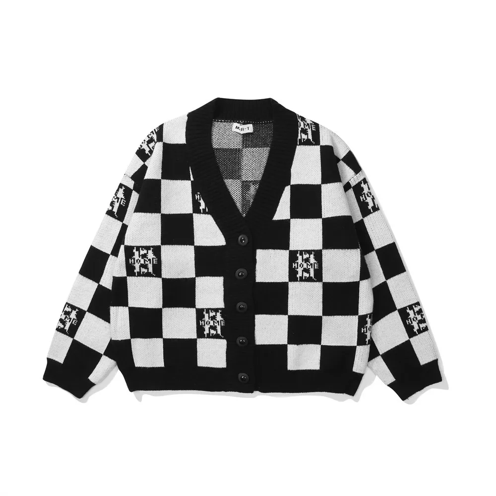 

Lazy Color Stitching Plaid Jacquard Sweater Men Fashion Loose V-Neck Long Sleeve Knitting Cardigan Sweater Autumn Winter Tops