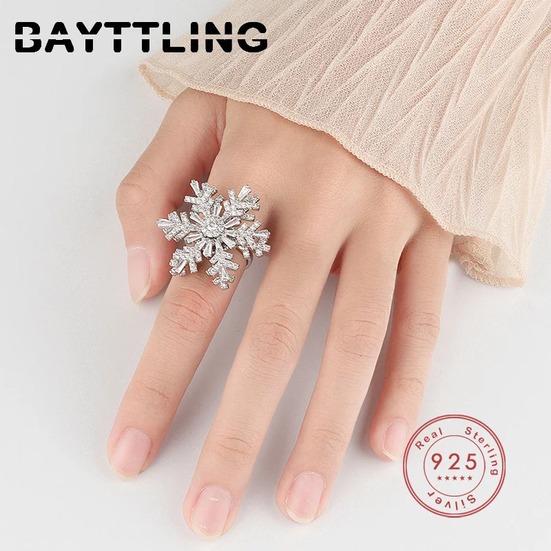 

BAYTTLING Fine 925 Snowflake Crystal Ring Women's Fashion 925 Sterling Silver Wedding Party Jewelry
