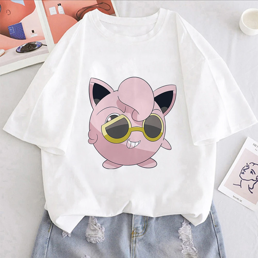 

2021 Summer Pokemon New T-shirt Kawaii Jigglypuff Anime Tops Women Casual Clothes Print Short Sleeve Cartoon Girl Aesthetic Tees