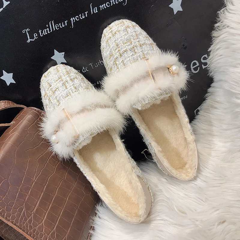 Туфли женские плюшевые на толстой подошве повседневная обувь с педалью модные