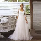 Половина рукава Свадебное платье кружевной топ 2020 скромные Тюль Свадебные платья с низким вырезом на спине размера плюс