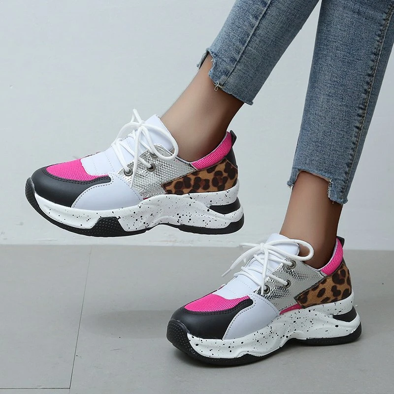 

2021 Trend Sneakers Women Breathable Running Shoes Leopard Print Faux Fur Casual Sneakers Summer Lace Up Woman Vulcanized Shoes