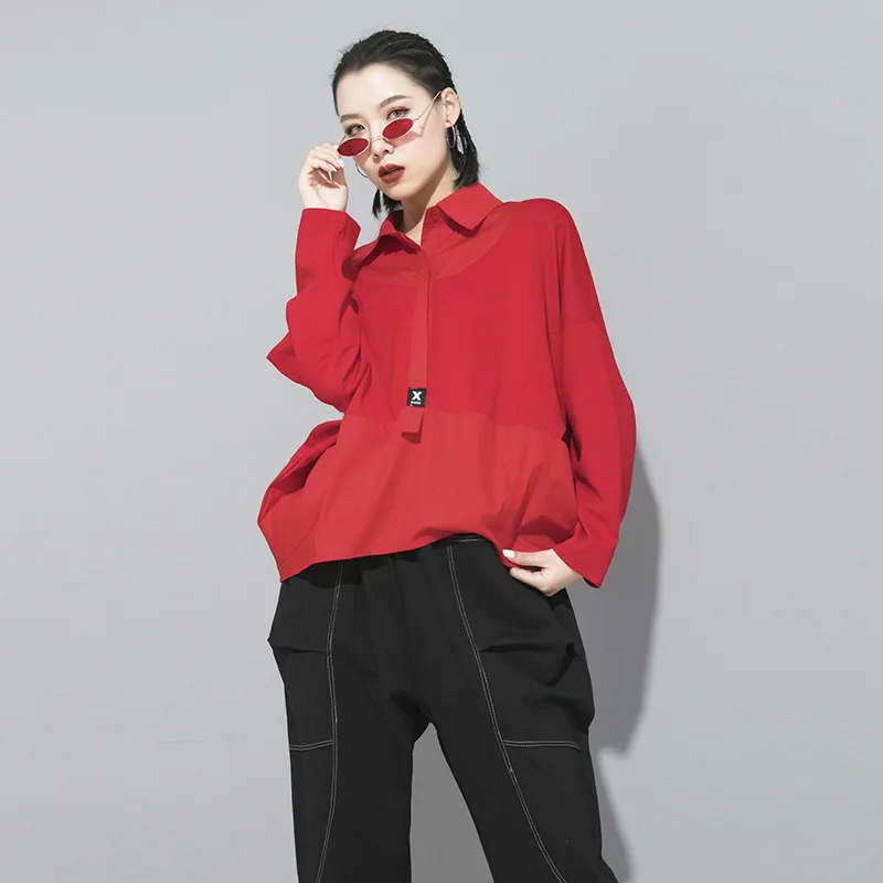 

HOT 2020 Spring Women T-shirt Fashion casual Loose long sleeve patchwork women Tops POLO Collar baggy Streetwear Female T-shirt