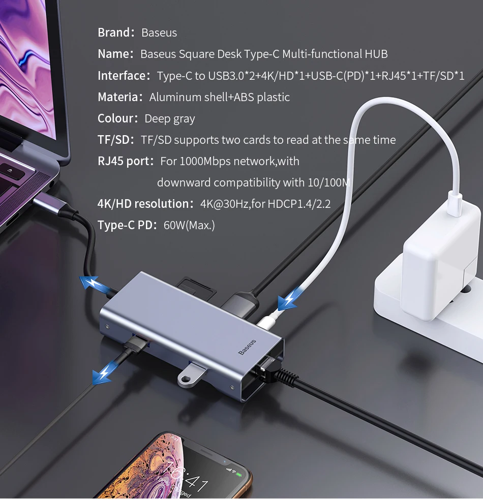 Baseus USB C концентратор type C к USB3.0 HDMI VGA RJ45 концентратор Мульти USB 3,0 адаптер питания type-c концентратор для MackBook Pro воздушный USB-C сплиттер