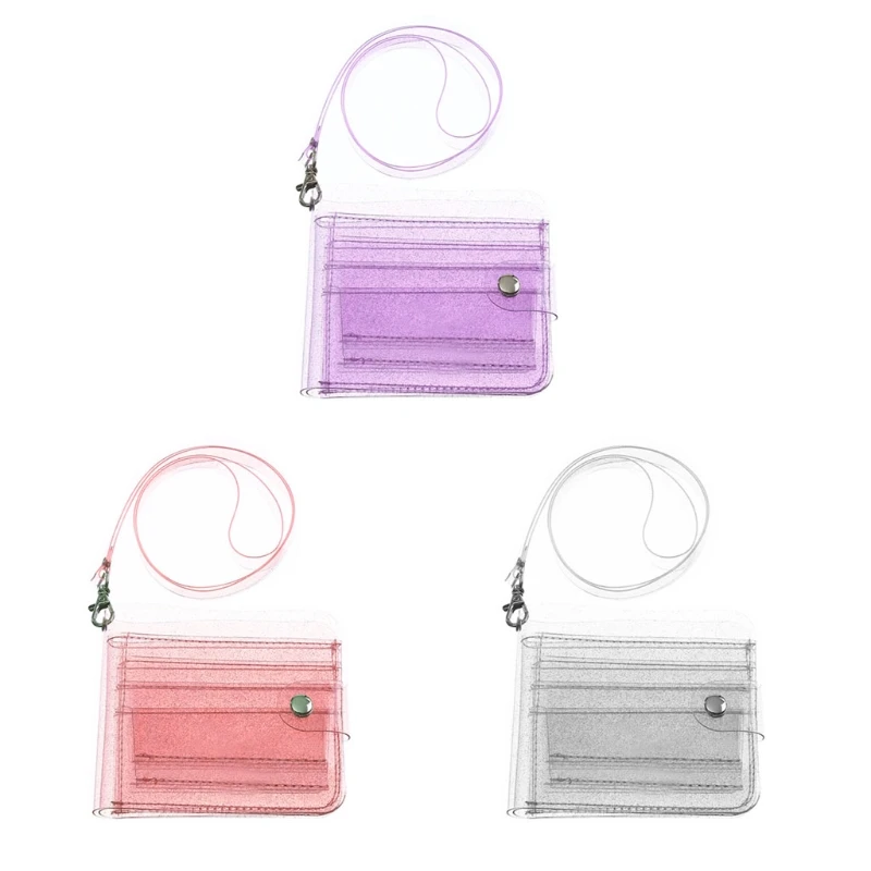 

Women Clear Wallet Lanyard Cute Glitter Bifold Purse Card Holder Pouch A69C