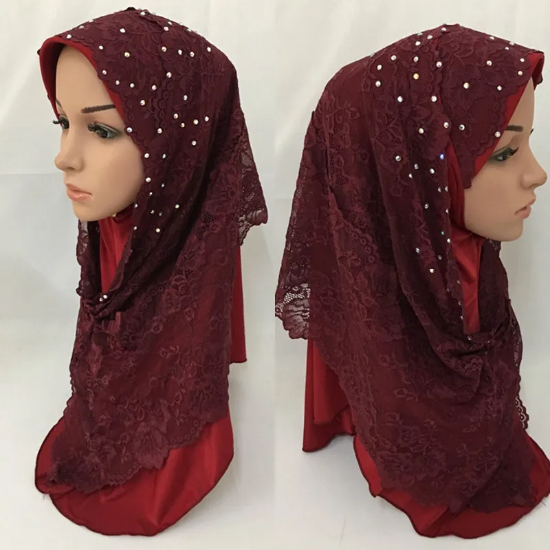Модный мусульманский женский хиджаб 2 шт. кружевная вышивка мгновенная повязка