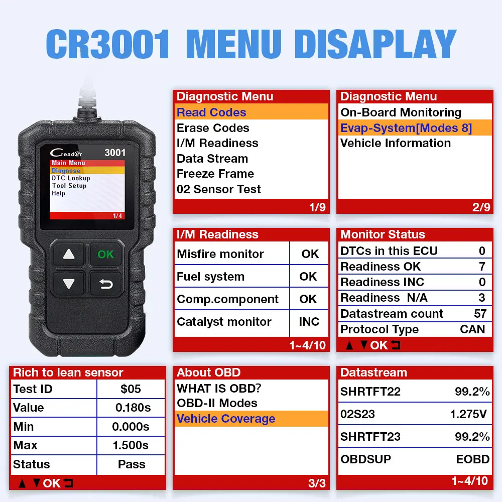 Сканер LAUNCH OBD2 X431 CR3001 диагностический прибор для диагностики двигателя с полными
