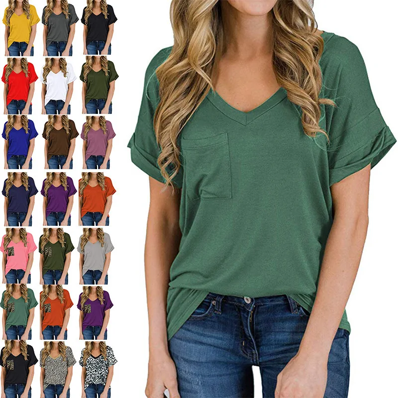 

Summer T Shirt Women Raglan Sleeve T-shirt Casual O-neck Short Sleeve 2021 Fashion Leopard Pocket Tops Tee Shirts Female Tshirts