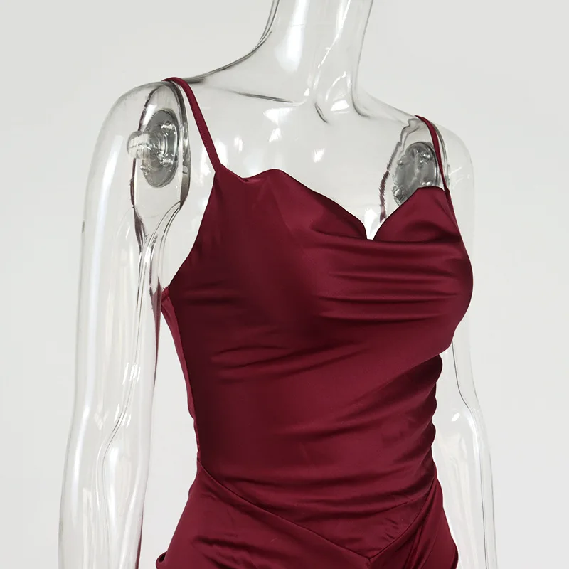 

2021 Summer New Sexy Party Solid Color Backpack Hip Tight Folds Pleated Pile Neck Sling Mid-skirt Women's Dress