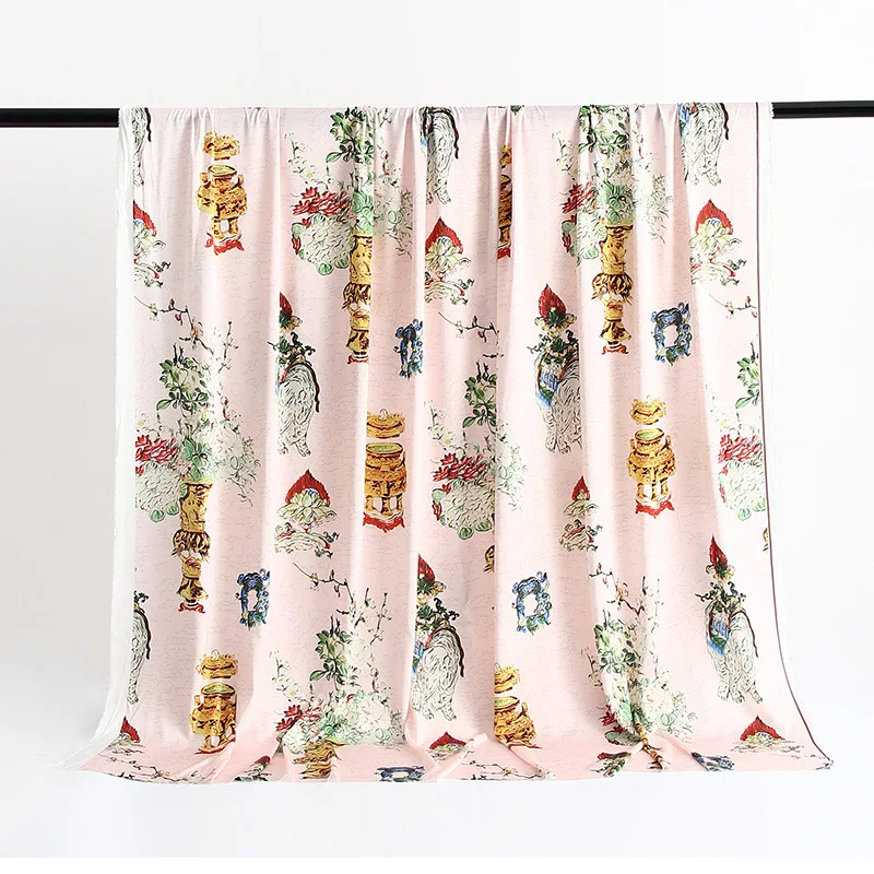 145 * 100cm Spring and Summer New Chiffon Satin Fabric Vintage Vase Hand-Painted Pattern Shirt Clothing Printing 3 Colors | Дом и сад