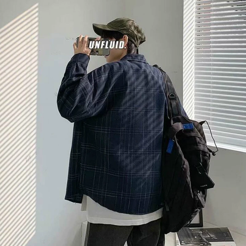 

Men Shirts Autumn Mens Outwear Basic Plaid Simple Couple All-match Loose Harajuku Japanese Fashion Retro Ulzzang Casual Ins Chic
