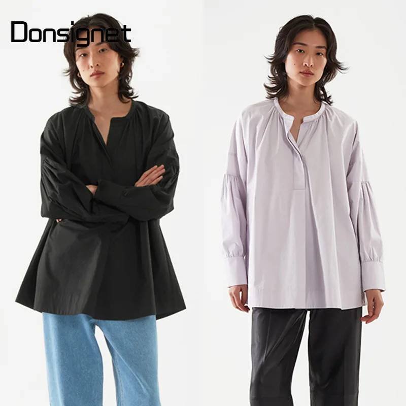 

Женская хлопковая рубашка-поло с длинным рукавом, свободного покроя