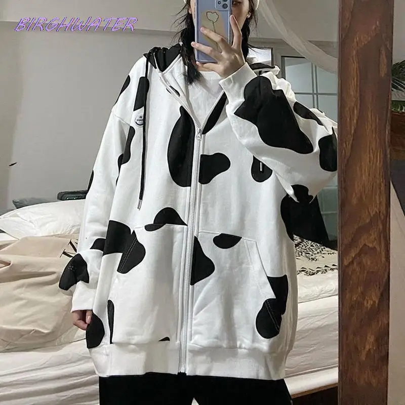 

Women Harajuku Oversized Zip Up Hoodie Korean Fashion Kawaii Cow Printed Long Sleeve Zipper Women Sweatshirt Casual Hooded