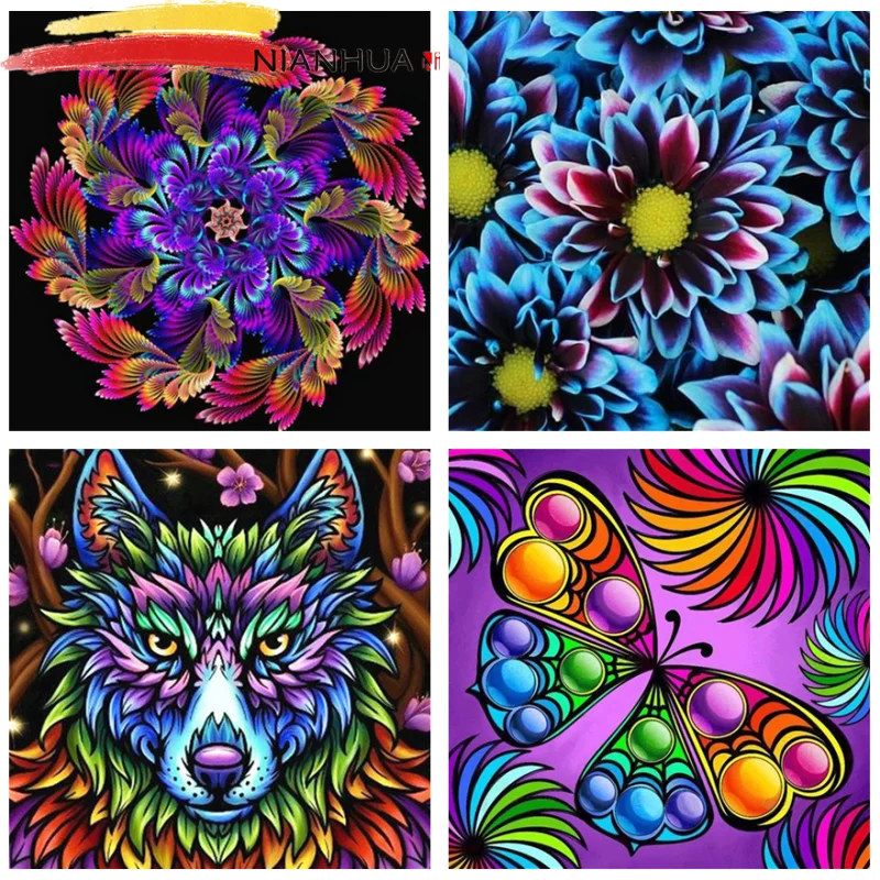 

NIANHUA Square Diamond Embroidered Flowers 5D DIY Round Cross Stitch Wolf and Fruit Art Painting Kit Home Decoration