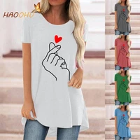 haoohu 2021 summer hot sale finger heart print casual large size mid length round neck short sleeve t shirt for women