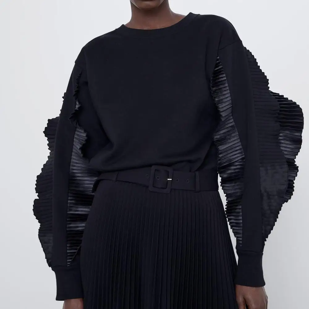 Женский плиссированный свитер ZA черный свободный с декоративными рукавами на