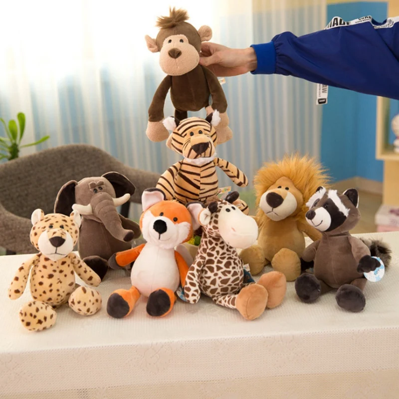 

25cm Kawaii Forest Animals Plush Toys Stuffed Lifelike Lion Tiger Elephant Monkey Leopard Giraffe Raccoon Doll for Kids Gift