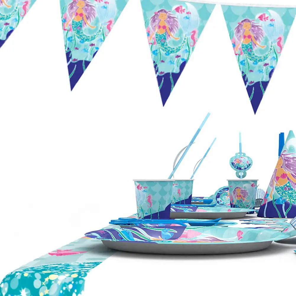 

1 Set Mermaid Party Venue Paper Tableware Girl Birthday Venue Layout Decoration Festival Supplies Layout And Decoration Supplies