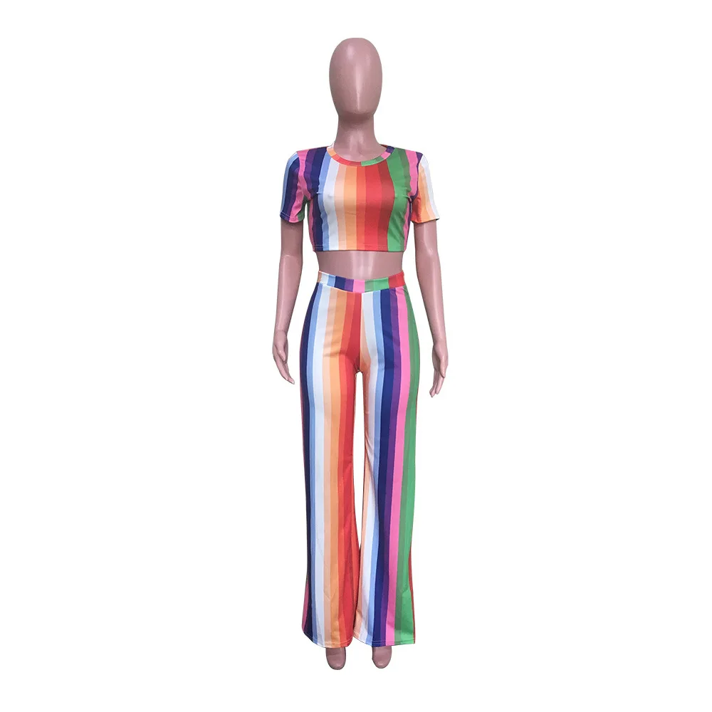 

Ladies Casual 2 Pieces Of Clothes Color Striped T-Shirt And Printed Trousers Suit