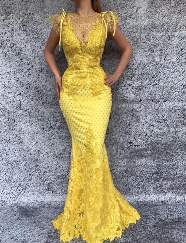

Yellow Moroccan Evening Dresses Mermaid Floor Length Appliques Lace Long Turkey Dubai Saudi Arabia Prom Dress Gown