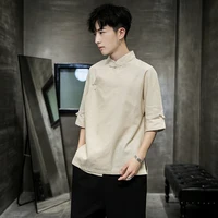 chinese style tang suit mens youth linen hanfu mens short sleeved summer chinese cotton and linen buckle top