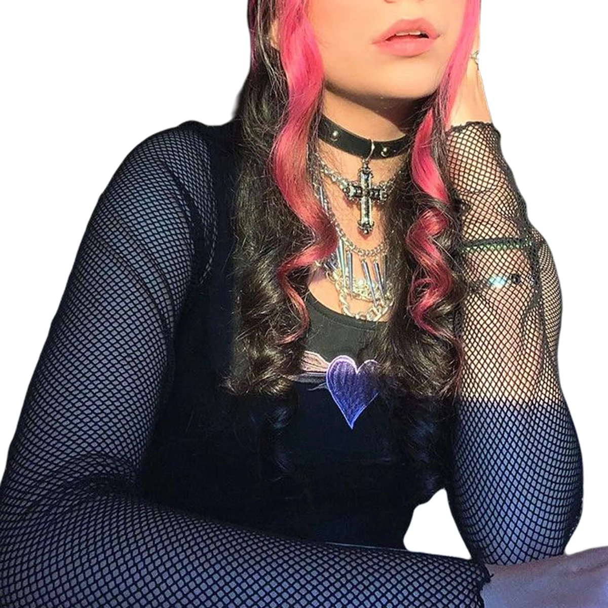 

Womens Fashion Long-sleeved T-shirt Personality Mesh Yarn Stitching Embroidery Round Neck Top