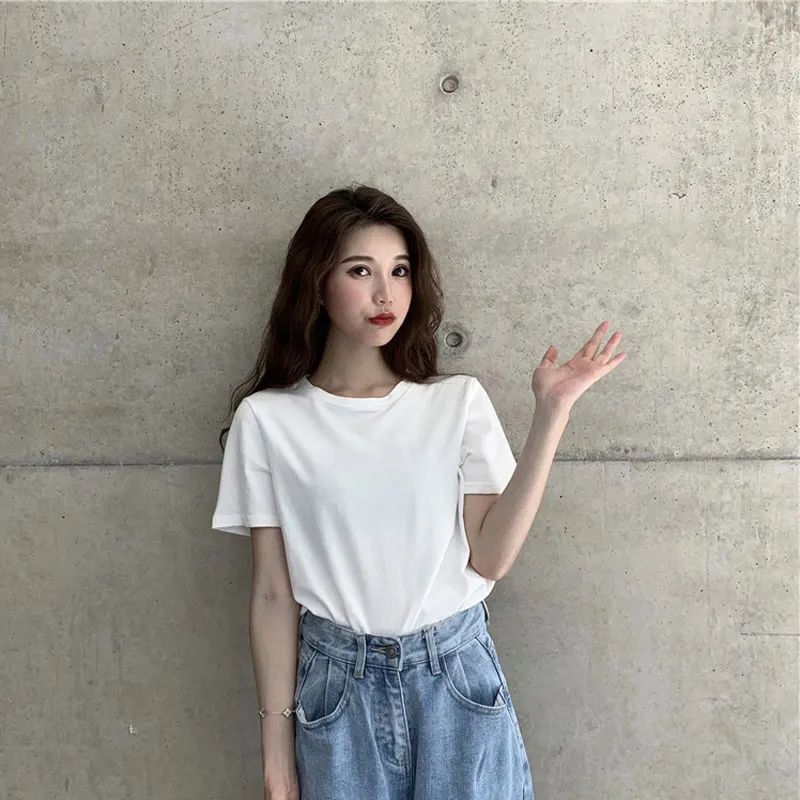

Футболка женская с коротким рукавом, универсальная свободная Однотонная рубашка в гонконгском стиле, в Корейском стиле, для студентов, весн...