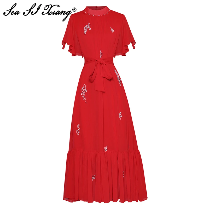 

Seasixiang Fashion Runway Summer Loose Dress Women's Stand Collar r Butterfly Sleeve Beading Solid Party Long Dresses