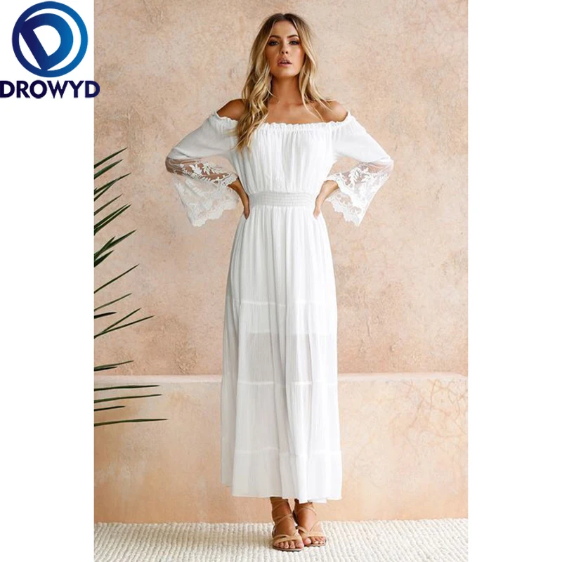 

White Sexy Midi Dress Women New Summer Beach Fashion Lace Long-sleeve O-neck Hollow Out Vintage Beautiful Party Dresses Vestidos