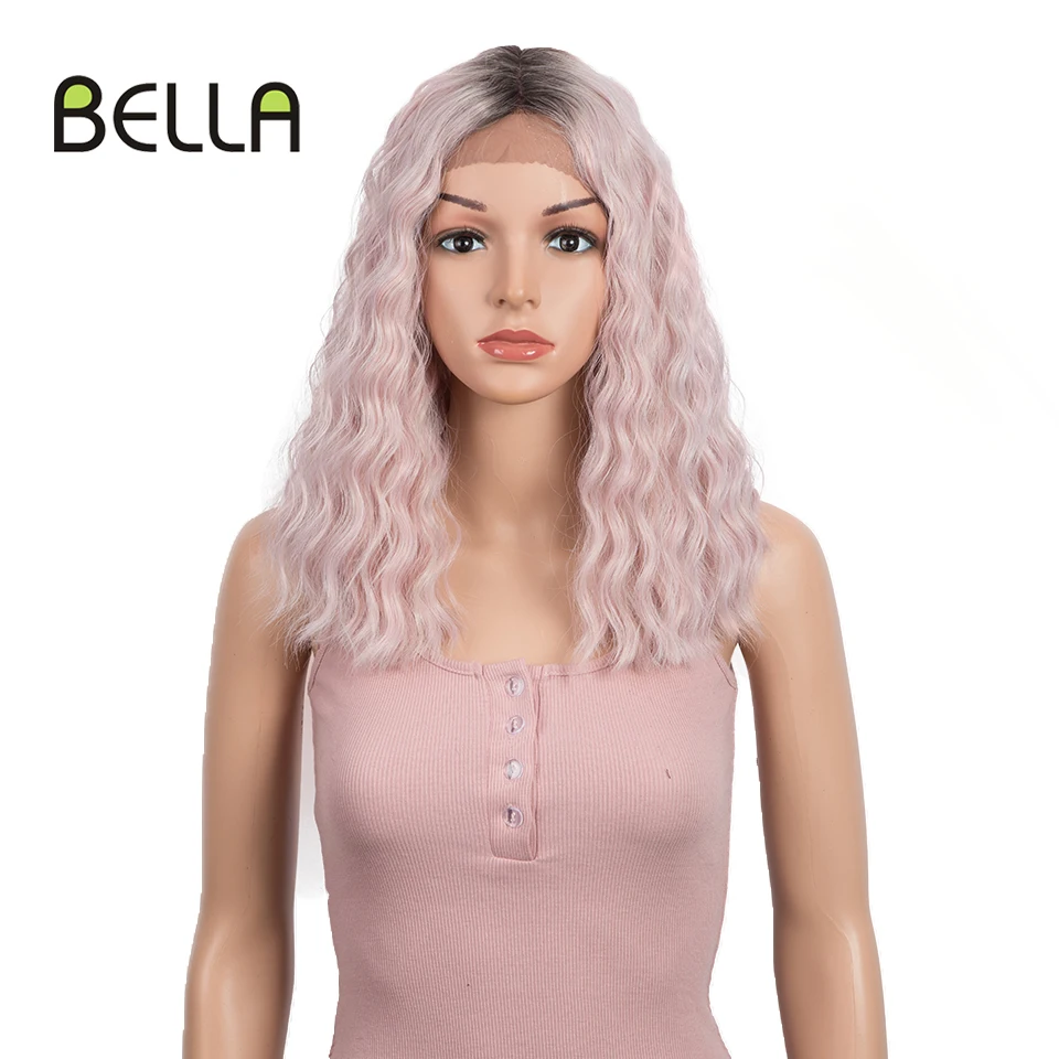 

Парик BELLA, короткий парик из синтетического кружева, 14 дюймов, розовый, фиолетовый, желтый, красный, черный, термостойкий, волнистые парики дл...
