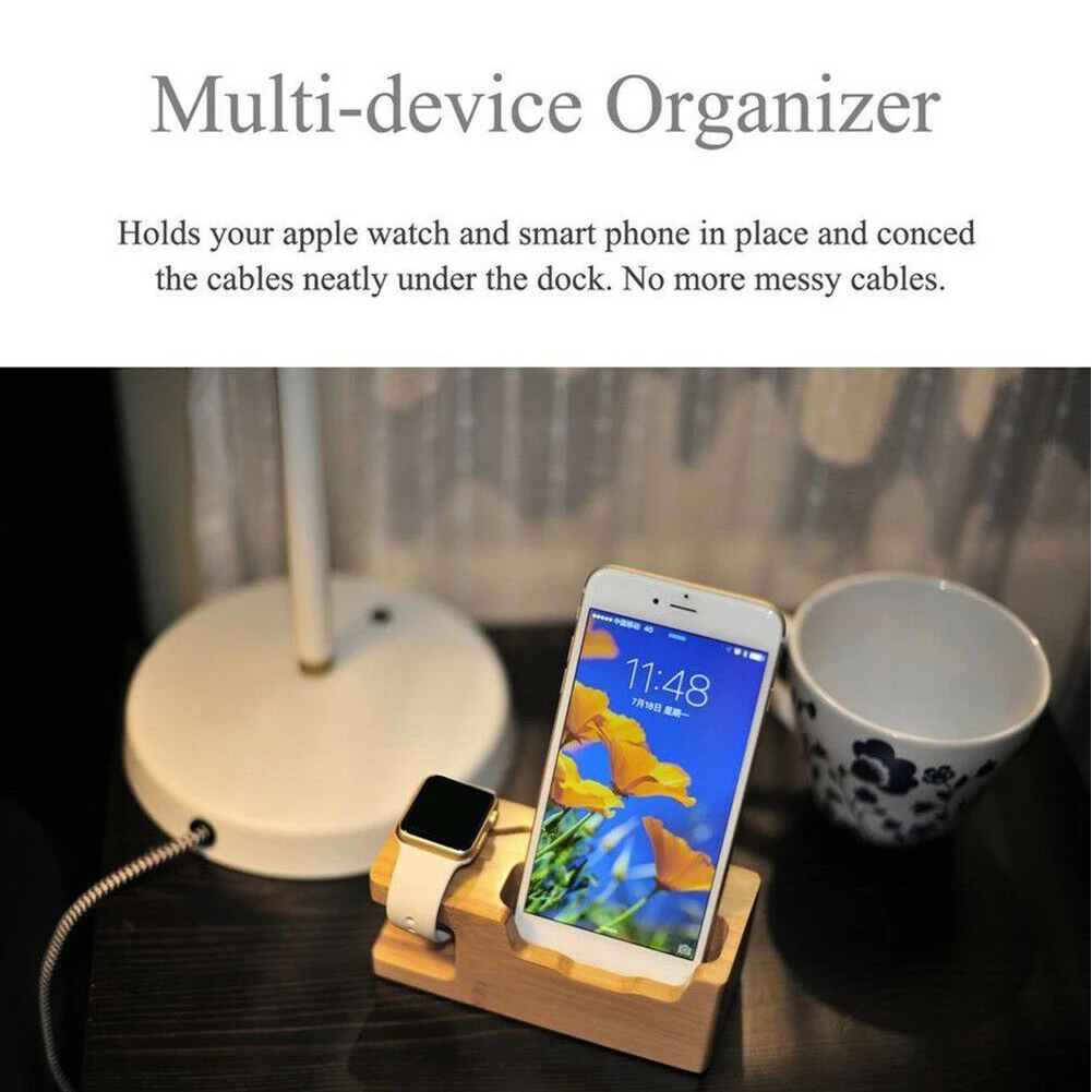 home office dc 5v mount bamboo wood usb accessories phone stand universal charging dock 2 in 1 station desktop for apple watch free global shipping