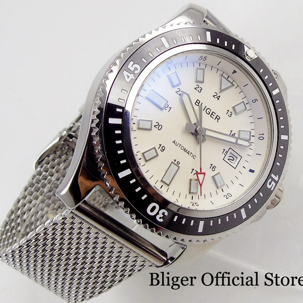 

BLIGER Brand 44mm Automatic Men Watch White Dial With Rotating Bezel Date Function Mental Strap MIYOTA Movement
