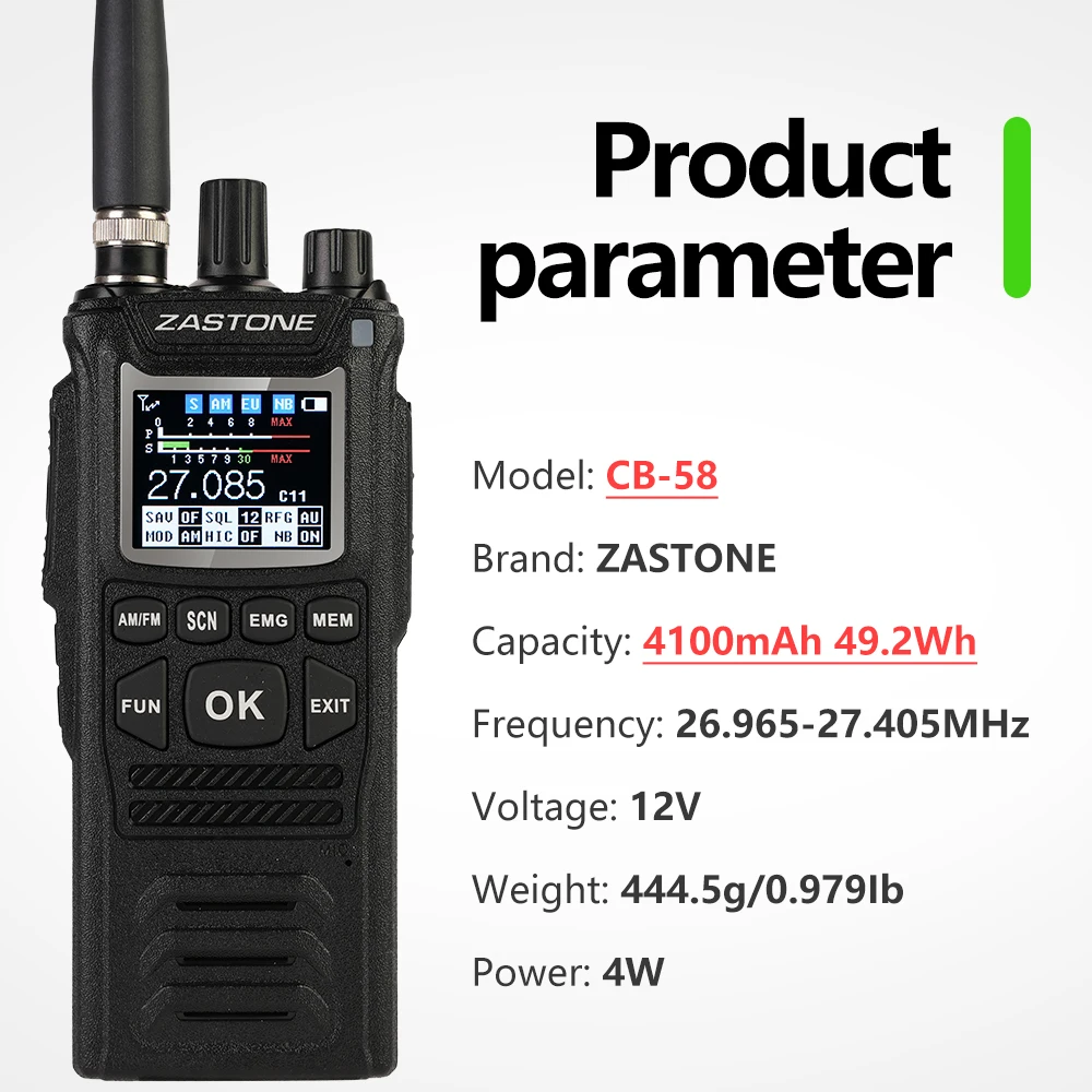 Zastone-walkie-talkie de mano CB-58, de 27MHz Radio HAM, 4W, 12V, todos los 240 canales CB, 26 a 27MHz, 4000hAm-3