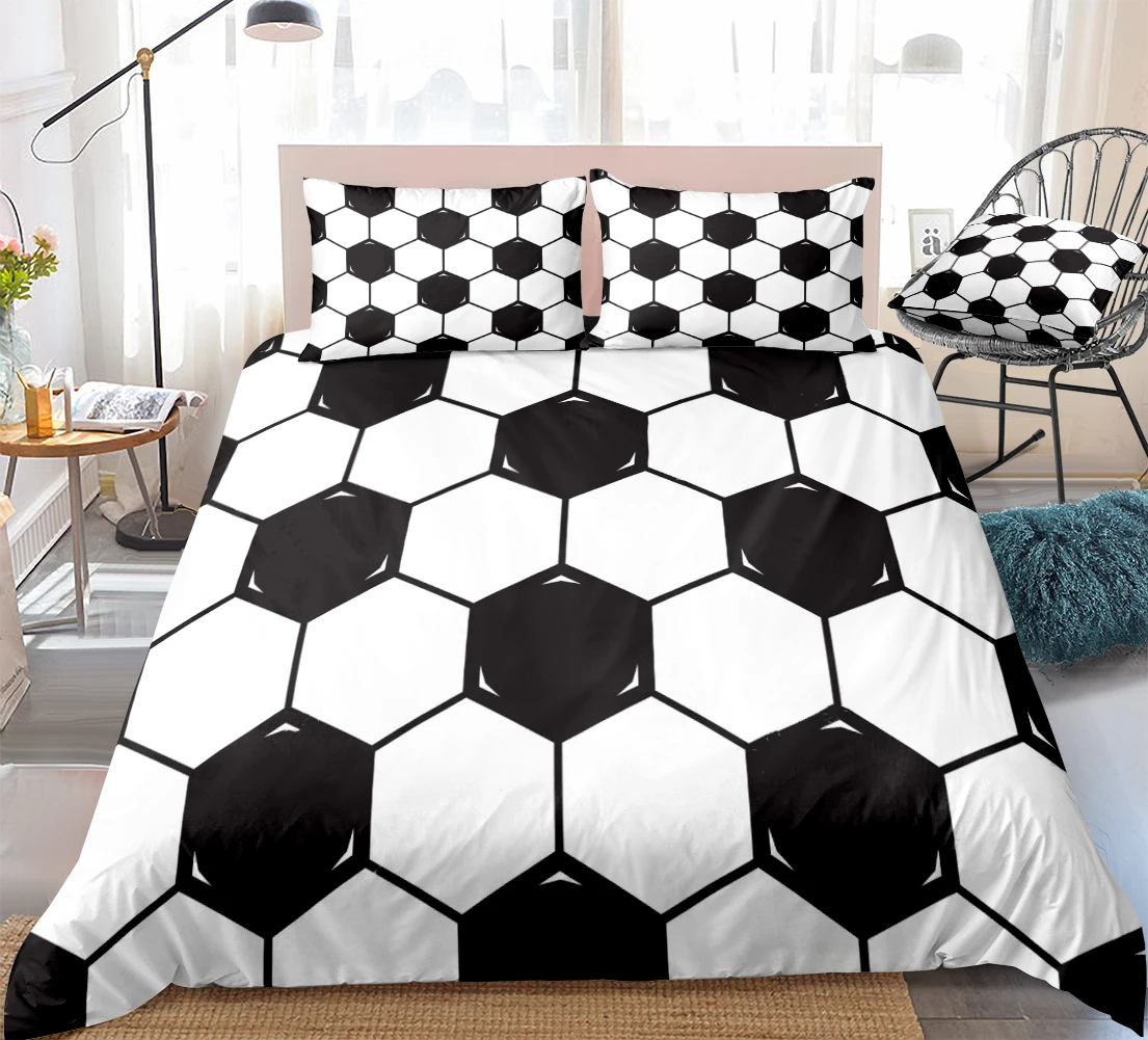 3 Pieces Black White Geometric Duvet Cover Set Sports Ball Bedding Kids Boys Girls Soccer Quilt Cover Queen Bed Set Dropship