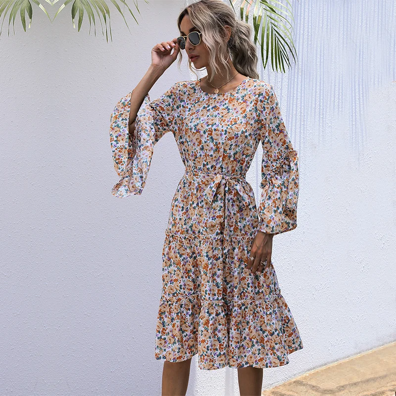 

Nine-quarter Sleeve Spring And Autumn Floral Print Dress Ladies Party Belt Ruffled Round Neck A-line Elegant Summer Dress