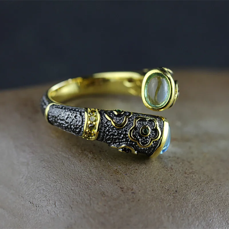 925 Sterling Silver Ring Inlaid Natural Blue Topaz Vintage Enamel Rings For Men And Women Lovers Opening 18k Gold Plated | Украшения и