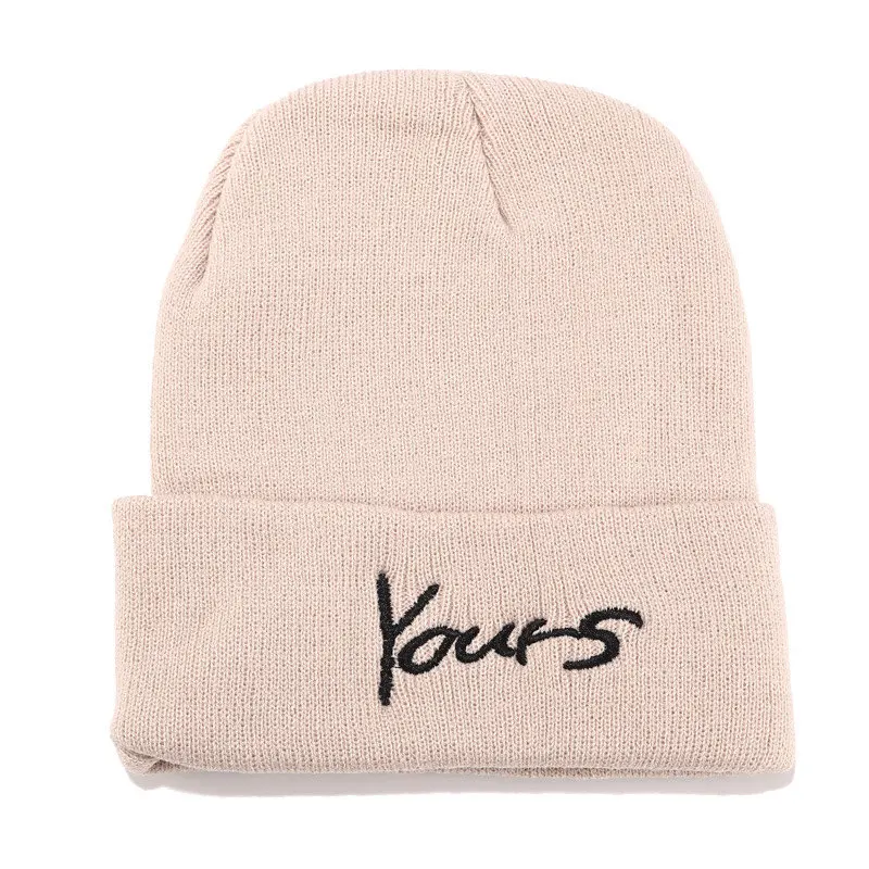 Khaki Yours Одноцветная шапочка, связанная крючком, вязанные шапочки С Вышивкой Букв для женщин/мужчин, зимняя теплая Кепка в стиле хип-хоп, Женская Повседневная модная кепка - Цвет: Khaki Yours