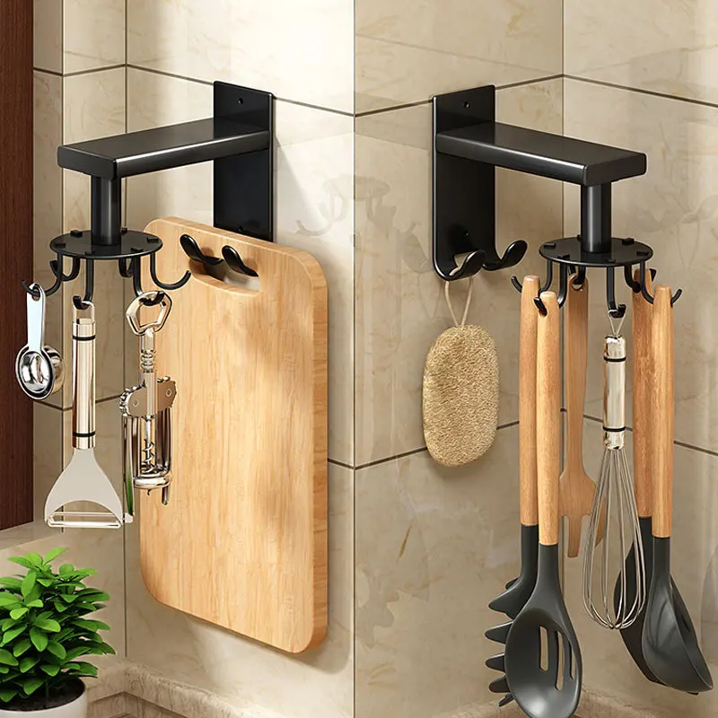 

Save Space Kitchen Wall Storage Rack No Punching Aluminum Hole Rotary Hook Wall Hanging Bracket 360 Degree Storage Rack