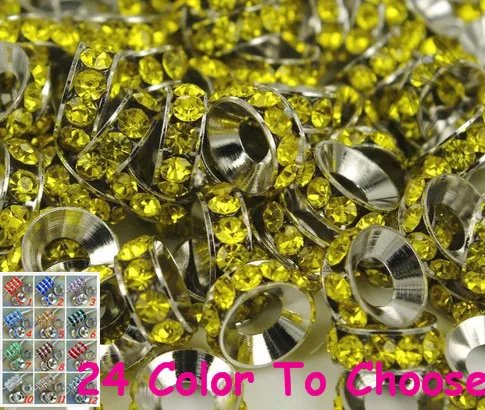 

yh35 10mm Yellow 100pcs/Lot Rhinestone Crystal Rondelle Spacer Beads, Rhodium Plated Big Hole European Beads