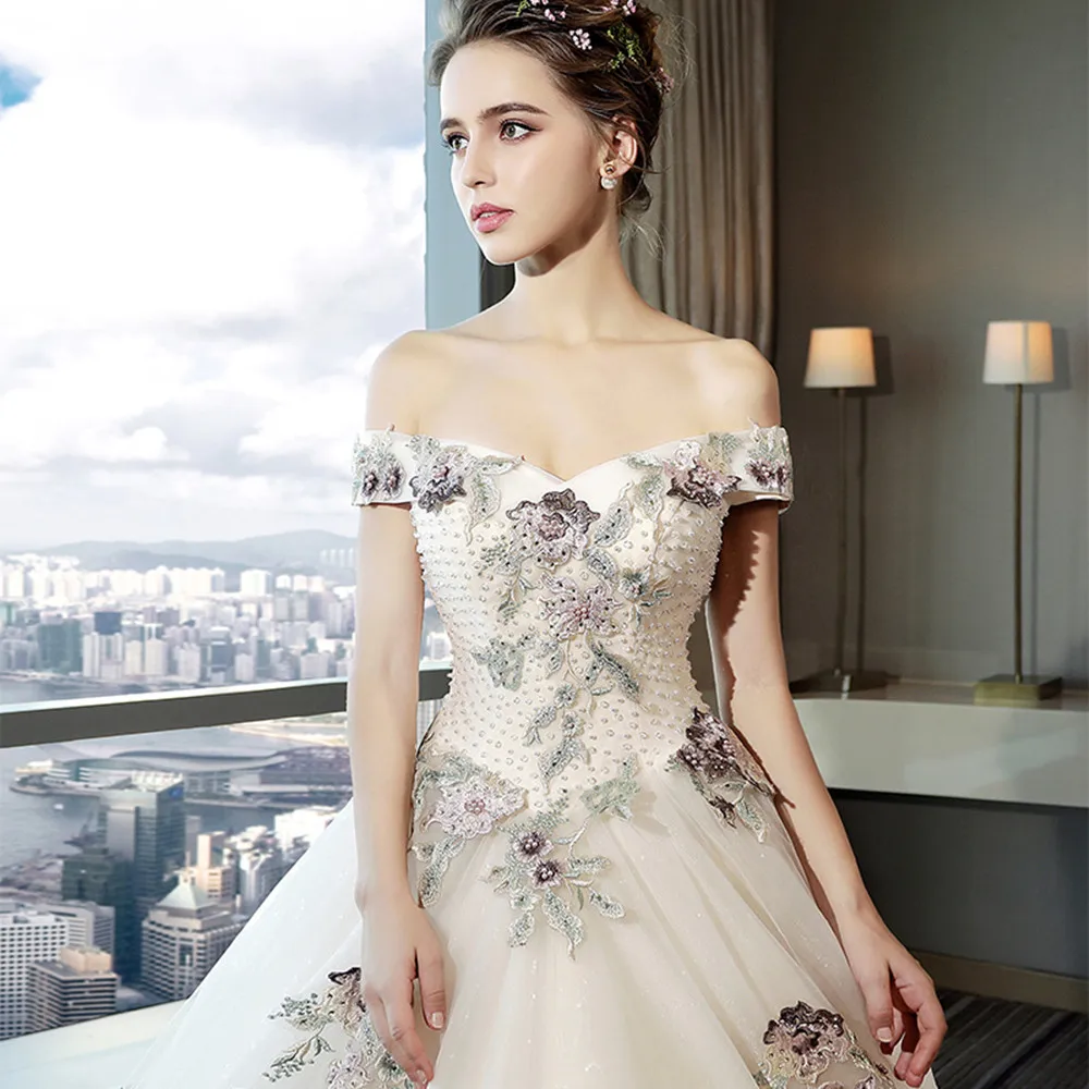 

Luxurious Off White Off Shoulder Pearl Lace Embroidery Long Tail Wedding Dress Bridal Gown