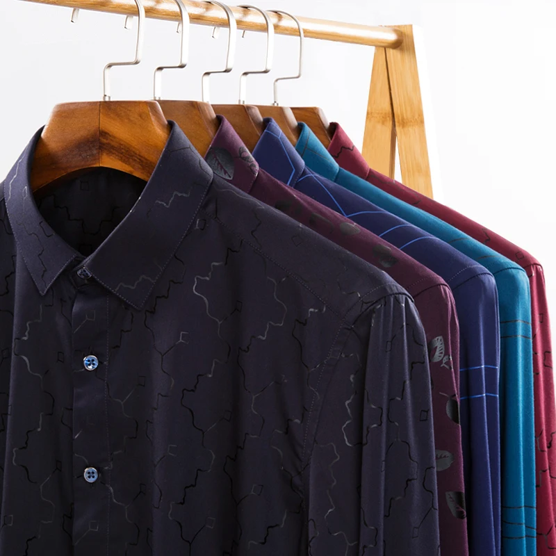 

Men's Fashion Printed Bamboo-fiber Long Sleeve Casual Shirts Pocket-less Design Standard-fit Wrinkle-Resistant Easy Care Shirt