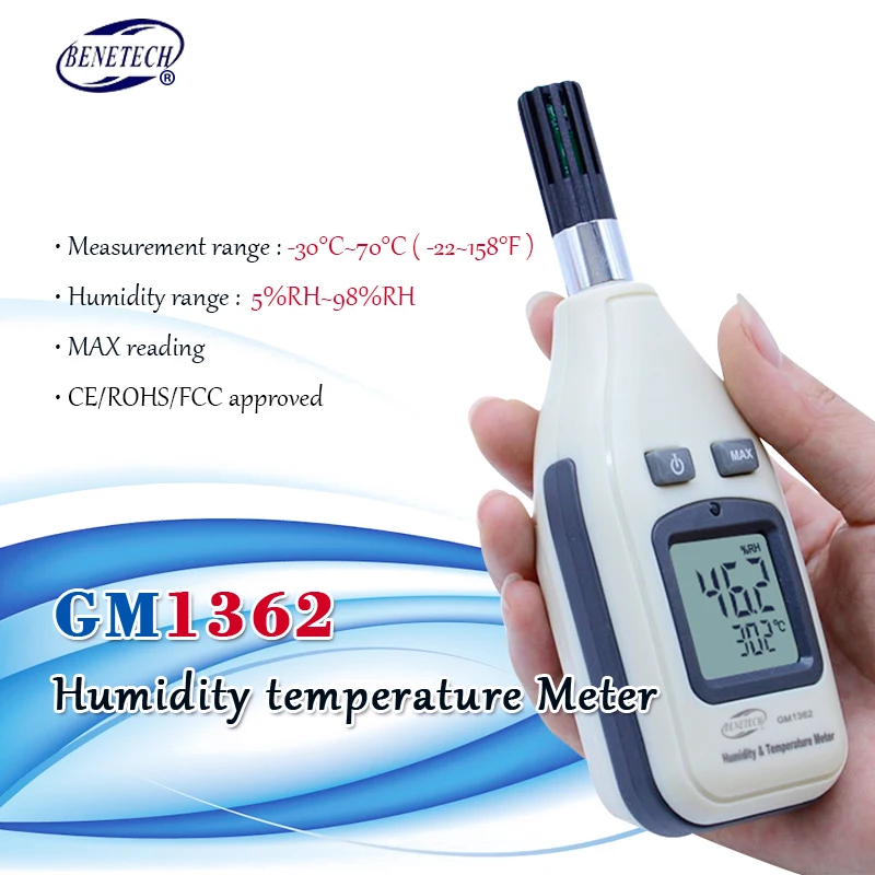 BENETECH GM1362 Измеритель температуры и влажности цифровой ЖК-дисплей термо-гигрометр с ЖК-подсветкой и удержанием данных
