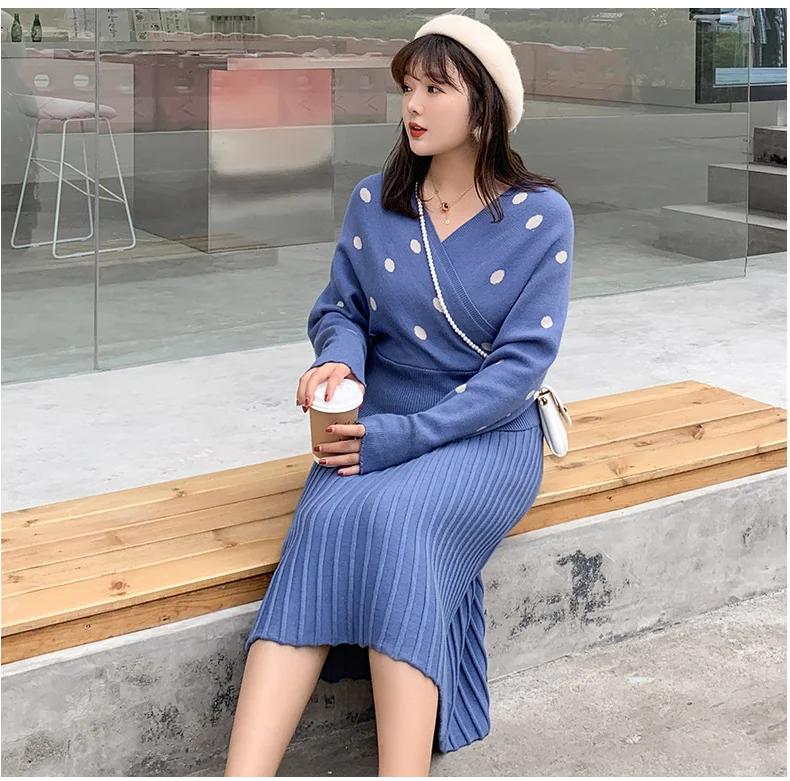 Вязаный комплект из 2 предметов с принтом в горошек размера плюс пуловер свитер