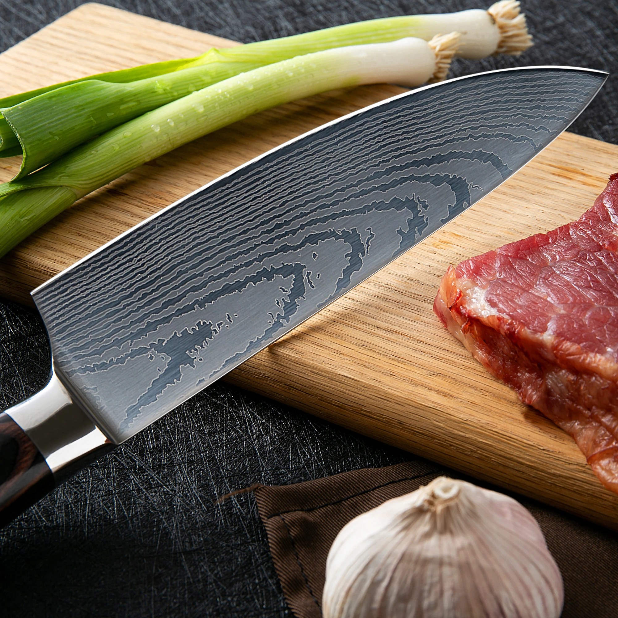 Высокое качество 8 дюймов поварские ножи Santoku кухонные ножи Кливер нарезки подарок нож с лазером Дамасская сталь